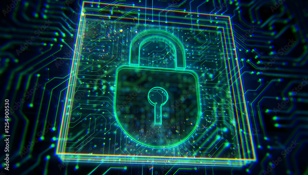 Poster Neon padlock symbol on digital circuit board, representing cybersecurity and data protection in a futuristic holographic style. 3D Rendering