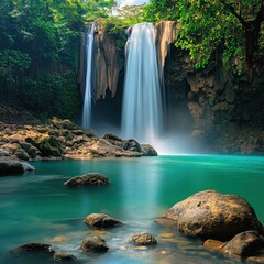 Fototapeta premium Tropical waterfall cascading into turquoise pool, lush jungle backdrop; nature travel poster