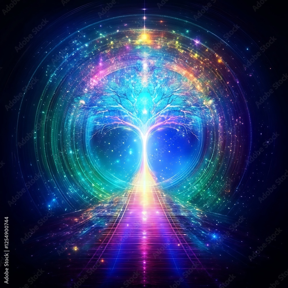 Wall mural abstract cosmic tree of life with luminous pathway to higher dimensions and infinite possibilities