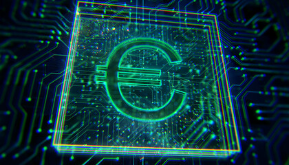 Glowing euro currency symbol integrated into a neon circuit board. 3D Rendering