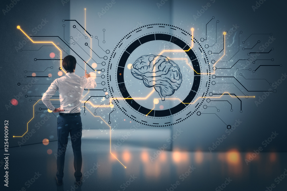 Poster Businessman interacting with digital brain and circuit board interface.