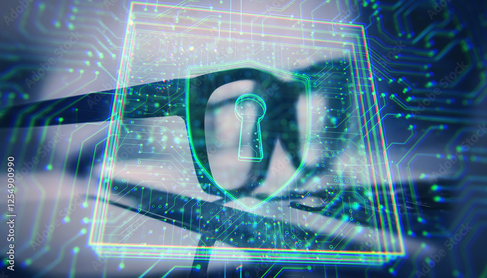 Poster Digital cybersecurity concept with glowing shield and keyhole icon.