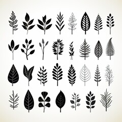 Obraz premium Artistic Outline of Various Leaves in Black Silhouette for Nature Illustration