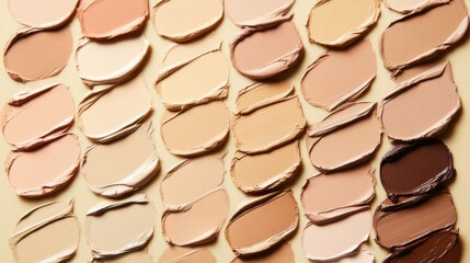 artistic makeup swatches, creamy foundation texture, sophisticated beauty product display, neutral color palette gradient, professional cosmetic flatlay, clean aesthetic photography, minimalist