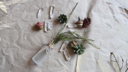 Crystals of precious stones. Energetic healing minerals, ready for spiritual practice. Ritual of purification with crystals surrounded by pine cones, acorns, and twigs.