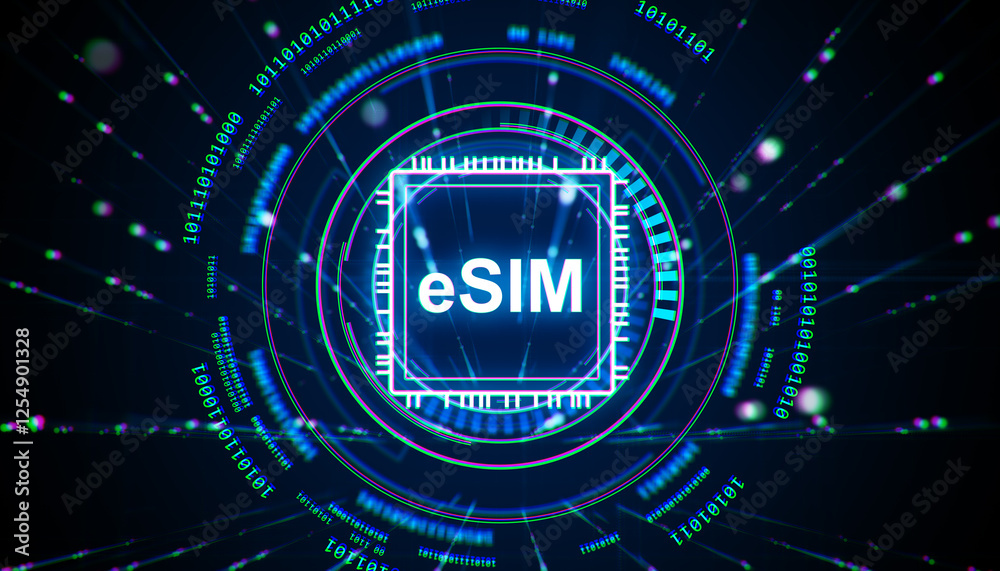 Poster Futuristic eSIM digital technology concept with glowing neon lines and binary code on a dark cyberspace background. 3D Rendering