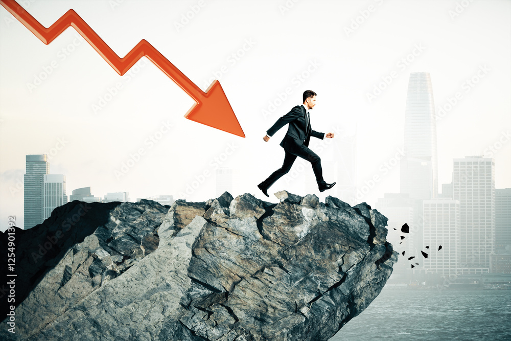 Poster businessman running off a cliff with a red downward arrow in the background.
