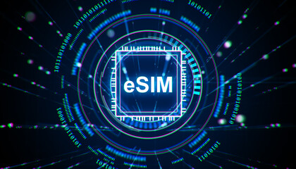 Naklejka premium Futuristic eSIM digital technology concept with glowing neon lines and binary code on a dark cyberspace background. 3D Rendering