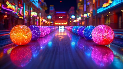 Neon bowling alley at night, vibrant colored balls, city lights reflected on lane. Use for Stock...