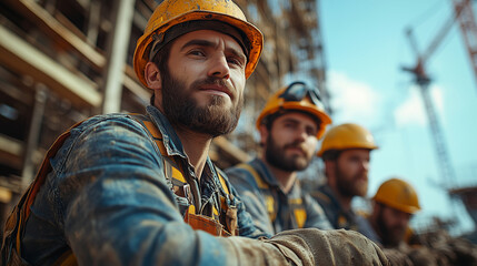 Construction Workers Resting and Reflecting at Building Site. AI Generated Images