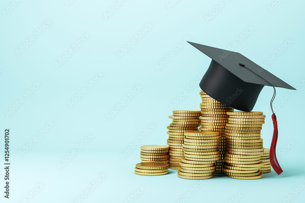 Poster graduation cap on stacked gold coins against a light background. 3d rendering
