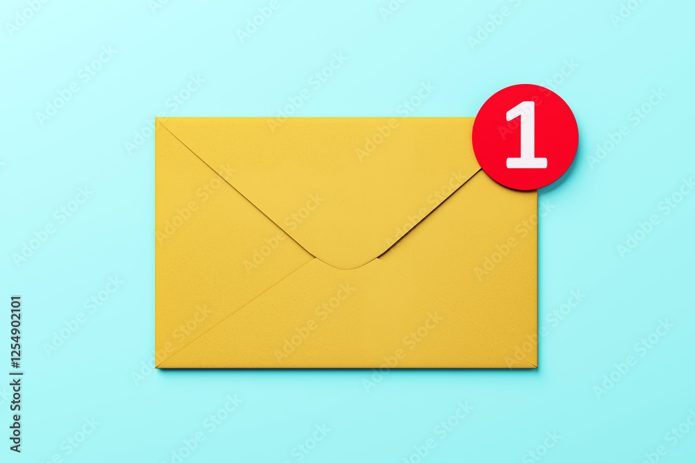 Poster yellow envelope with red notification badge on light blue background. 3d rendering