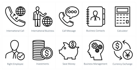 A set of 10 business icons as international call, international business, call message