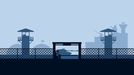 Landscape silhouette of military base scenery. Panoramic view of headquarter with military building and hangar. Vector illustration of scenic military bunker with tank and watchtower