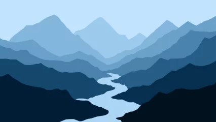 Fotobehang Nachtblauw Landscape of a river in mountains scenery. Panoramic view of mountain range with a river flowing through it. Vector illustration of scenic landscape with river winding between majestic mountain range  © Moleng24