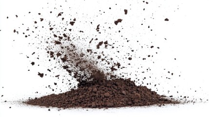 scattered soil fragments, flying earth particles, rich brown dust, minimalist white setting, dramatic motion capture, organic matter photography, textural composition
