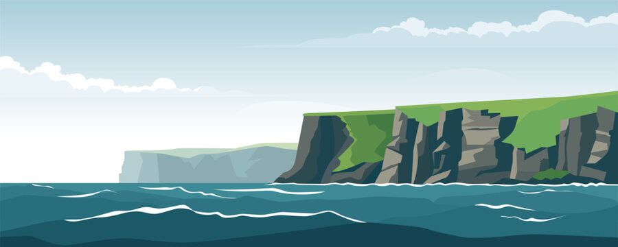 Rocky coast vector illustration. Beautiful landscape of rocky coast and sea. Steep cliffs and ocean. Scandinavian mountains and waters. Northern Islands.
