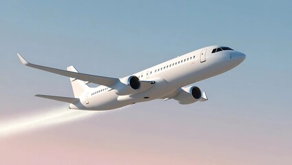 Obraz premium White minimalist airplane flying through soft pastel gradient sky of blue and pink, leaving a faint glowing contrail symbolizing freedom and adventure 