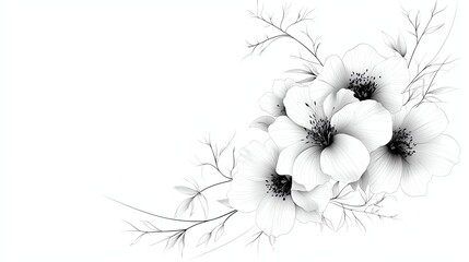 Elegant black and white floral illustration, showcasing delicate blooms and intricate leafy branches.
