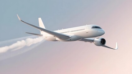 Obraz premium White minimalist airplane flying through soft pastel gradient sky of blue and pink, leaving a faint glowing contrail symbolizing freedom and adventure 