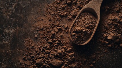 ground coffee powder scattered across dark textured surface, wooden scoop spoon filled with fine ground coffee, overhead close-up shot, warm brown tones, macro food photography, detailed coffee
