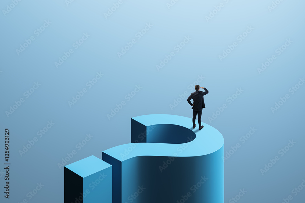 Poster businessman standing on a large question mark, looking into the distance.