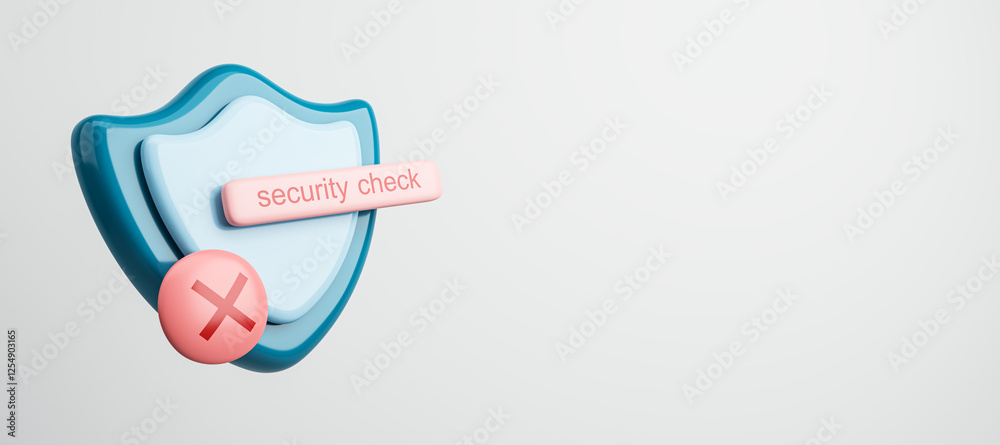 Poster Cybersecurity shield with security check failure sign on light background. 3D Rendering