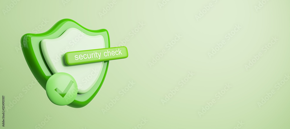 Poster Green shield with security check symbol on light background. 3D Rendering