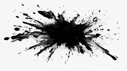black powder explosion against white backdrop, floating particles, dynamic motion capture, high contrast monochrome, splashing dark fragments, studio photography, clean minimal background, abstract