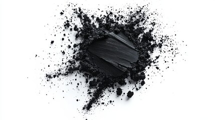 scattered charcoal fragments in motion, dramatic powder splash effect, suspended black particles, pure white background, high-speed photography, minimalist aesthetic, dynamic movement, sharp detail