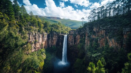 Majestic waterfall cascading down cliffs, lush green forest, mountain backdrop; nature travel