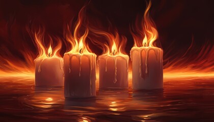 A peaceful setting of grouped candles, their vibrant flames lighting up the darkness, casting mesmerizing reflections below