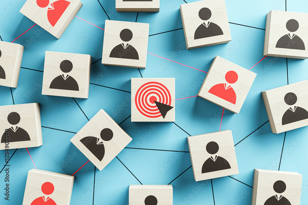 Poster wooden cubes with employee icons connected by lines on blue background, highlighting a target icon. 