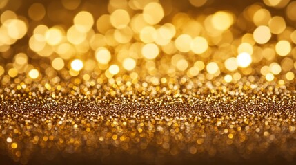 Magical golden glitter particles scattered on dark surface, shimmering bokeh effect, festive holiday atmosphere, macro photography, floating dust particles, high contrast lighting, warm golden glow,
