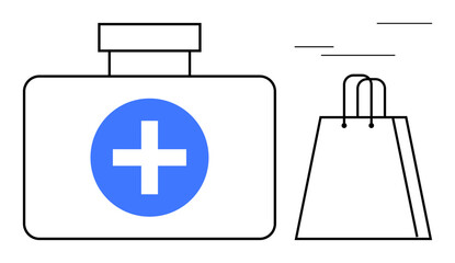 Medical kit with a blue cross beside a shopping bag. Ideal for healthcare, e-commerce, emergency preparation, medical supplies, online shopping, retail, and delivery services. Line metaphor