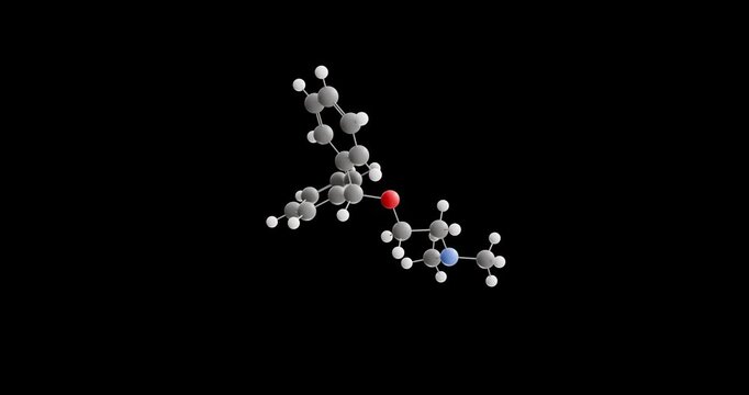 Diphenhydramine molecule, rotating 3D model of antihistamine, looped video on a black background