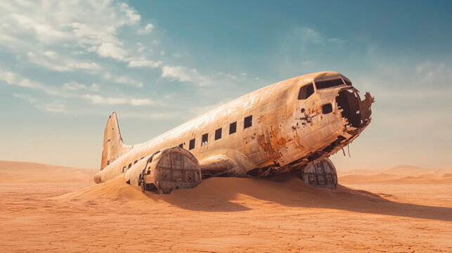 Old plane wreck buried deep in a desert sand. - Powered by Adobe