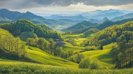 Obraz premium Vibrant green spring panorama with rolling hills and lush scenery
