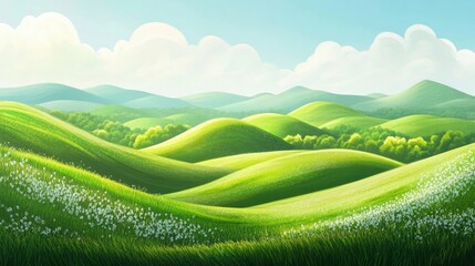 Vibrant green spring panorama with rolling hills and lush scenery