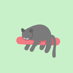 flat design gray cat, sleeping on a tree, cute cartoon animal,