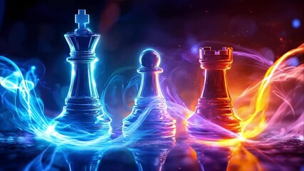 A glowing chess set featuring a king, pawn, and rook with vibrant colors and a dynamic background.