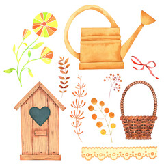 Spring set in yellow. Watercolor illustration, poster.