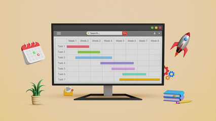 Project management system. Planning with gantt chart, organize workflow, work progress, agenda planning, scheduling tasks concept. Business project management software on computer. 3D illustration
