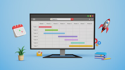 Project planning, work planner, agenda planning, organize timetable, schedule planning, manage business tasks concept. Plan project and tasks using gantt chart on computer. 3D illustration
