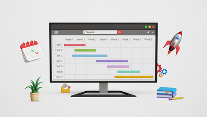 Business project management system, work progress and schedule, agenda planning concept. Business tasks planning with gantt chart on computer. 3D illustration