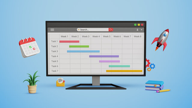 Project planning, work planner, agenda planning, organize timetable, schedule planning, manage business tasks concept. Plan project and tasks using gantt chart on computer. 3D illustration