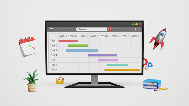 Business project management system, work progress and schedule, agenda planning concept. Business tasks planning with gantt chart on computer. 3D illustration