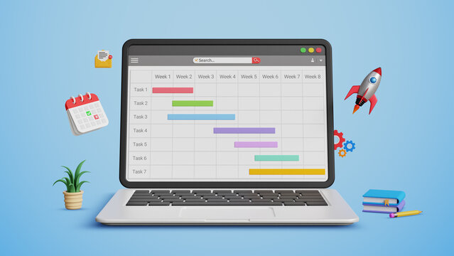 Project planning, work planner, agenda planning, organize timetable, schedule planning, manage business tasks concept. Plan project and tasks using gantt chart on a laptop. 3D illustration