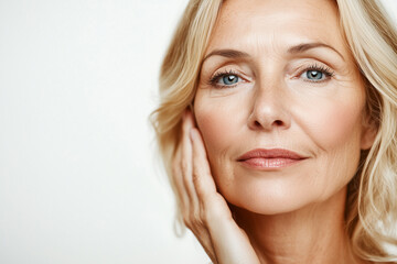 Naklejka premium Mature woman face skincare glow, beautiful senior woman with grey hair, isolated on a white background. Beauty cosmetic, skincare, facial treatment, wellness and healthy lifestyle concept. 