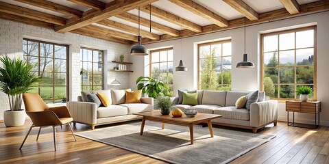 Serene Minimalist Living Room with Exposed Beams and Natural Light, Perfect for Contemporary Design Inspiration and Home Decor Ideas